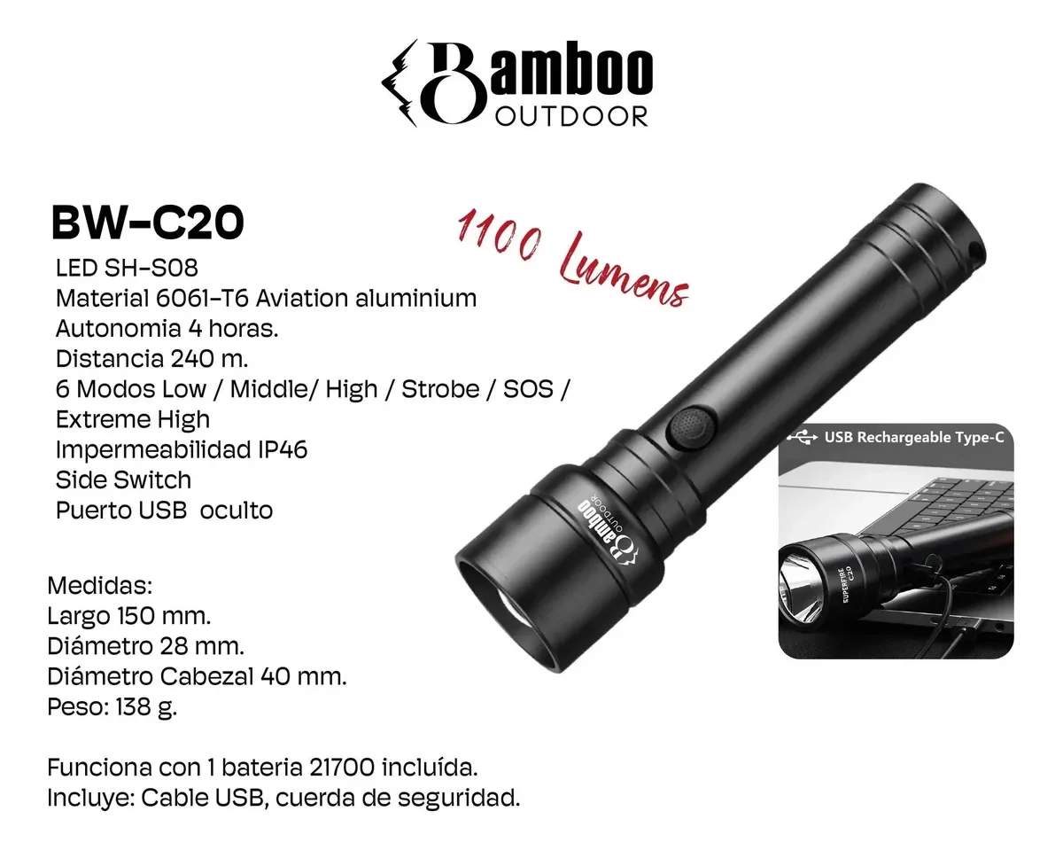 Linterna Táctica Bamboo Bw-c20 Led 1100 Lumens 240 Metros